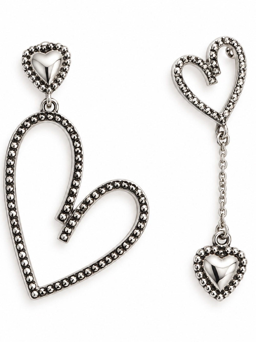 Silver Heart Drop Earrings - Polished Silver Tone